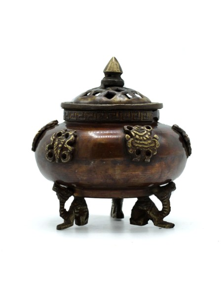 Brûleur tibétain en laiton - Olla dressée six symboles