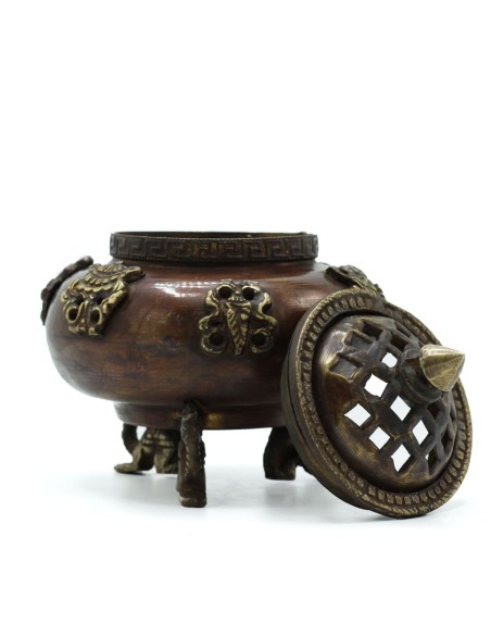 Brûleur tibétain en laiton - Olla dressée six symboles