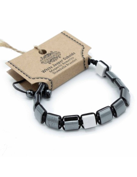 Bracelet Shamballa hématite – Cubes en jaspe blanc