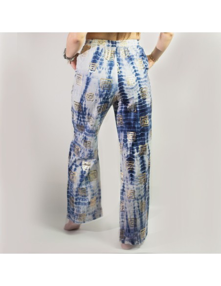 Pantalon nomade sari méditerranéen – Motif grec bleu & or (M/L)