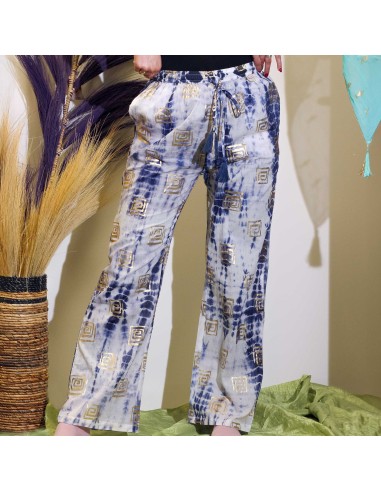 Pantalon nomade sari méditerranéen – Motif grec bleu & or (M/L)