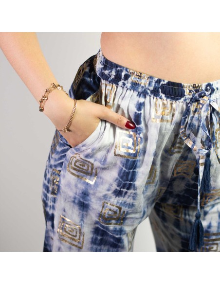 Pantalon nomade sari méditerranéen – Motif grec bleu & or (M/L)