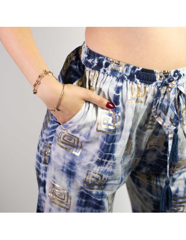 Pantalon nomade sari méditerranéen – Motif grec bleu & or (M/L)