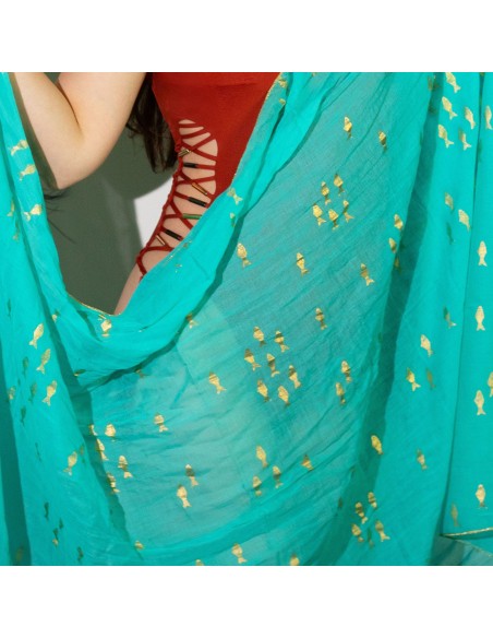 Pareo Nomad Sari méditerranéen – Poissons turquoise & or