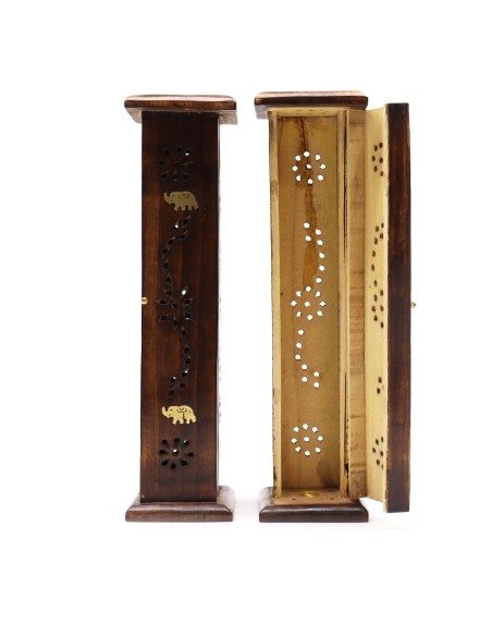 Tour carrée d’encens - Incrustation laiton - Bois de manguier