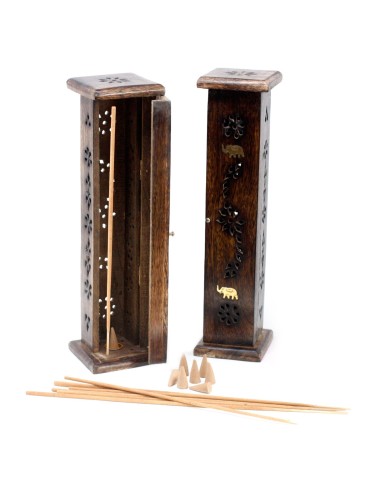 Tour carrée d’encens - Incrustation laiton - Bois de manguier