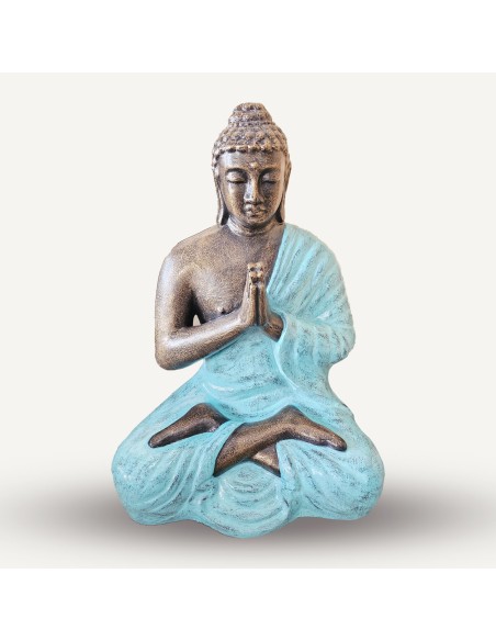 Statue Bouddha orant – Turquoise & or sacré