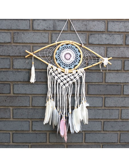 Attrape-rêves macramé - Œil macramé bleu/blanc/rose 45×60 cm