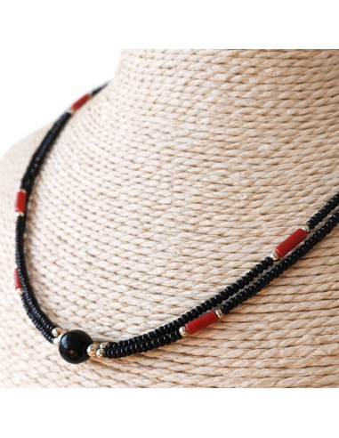 Collier népalais double rang – Noir & corail
