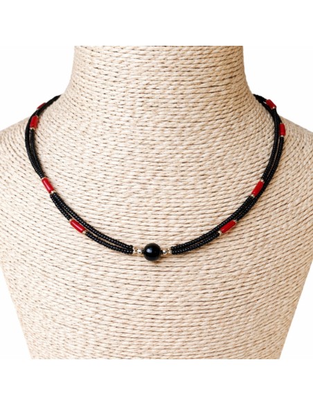 Collier népalais double rang – Noir & corail