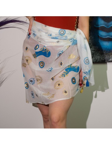 Pareo Nomad Sari méditerranéen – Œil protecteur blanc, bleu & or