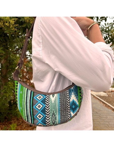 Sac hobo jacquard – Verts intenses (bandoulière marron)