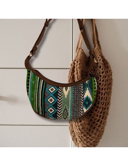 Sac hobo jacquard – Verts intenses (bandoulière marron)