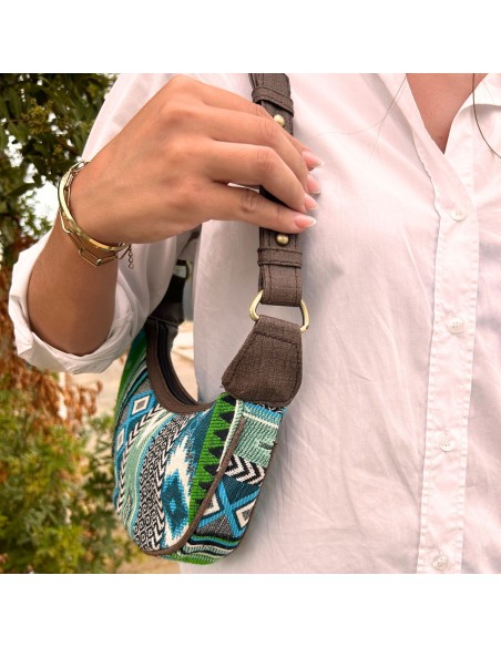 Sac hobo jacquard – Verts intenses (bandoulière marron)