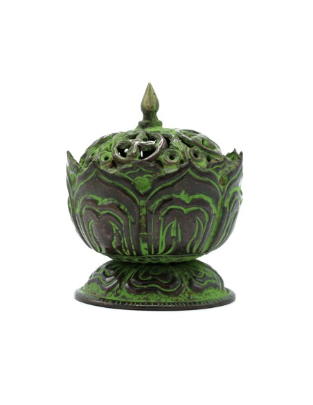 Brûleur tibétain en laiton verdigris - Petit lotus