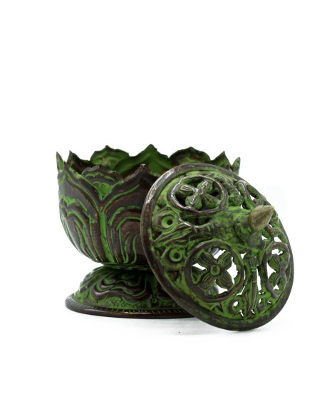 Brûleur tibétain en laiton verdigris - Petit lotus