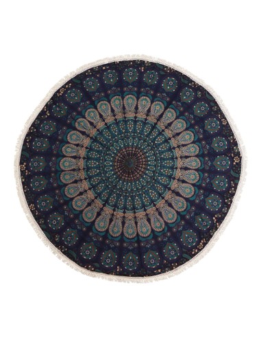 Mandala textile rond – Bleus paon sacrés