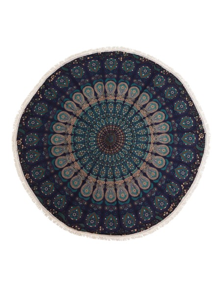 Mandala textile rond – Bleus paon sacrés