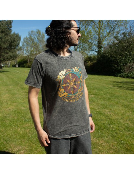 T-shirt en coton lavé en pierre Nomad Sari - Boussole de la Vie - Gris Charbon - Petit