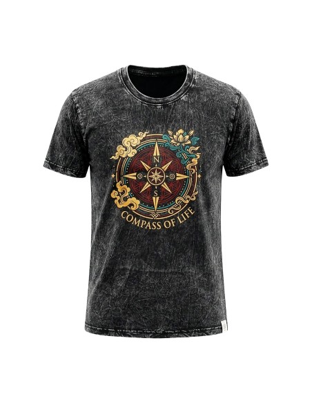 T-shirt en coton lavé en pierre Nomad Sari - Boussole de la Vie - Gris Charbon - Petit