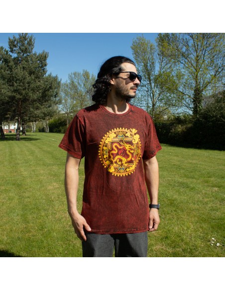 T-shirt en coton lavé pierre Sari Nomade - Dragon Mandala - Bordeaux - Petit