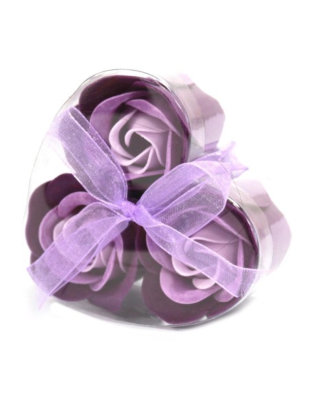 Ensemble de 3 fleurs en forme de savon en boîte de cœur - Roses lavande