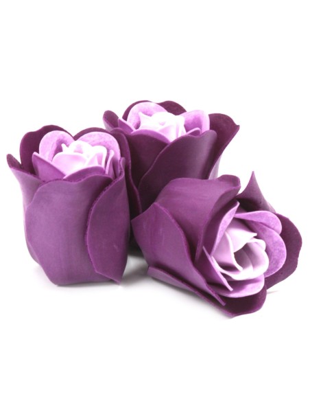 Ensemble de 3 fleurs en forme de savon en boîte de cœur - Roses lavande