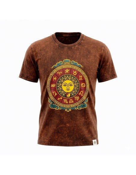 Nomad Sari Camiseta de algodÃ³n lavado a piedra - Sol y Zodiaco - MarrÃ³n - Talla S